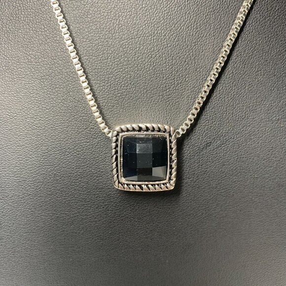 Imitation Black Onyx Silver Tone Box Chain Necklace, Pendant & Earring Set NIB - Picture 5 of 9
